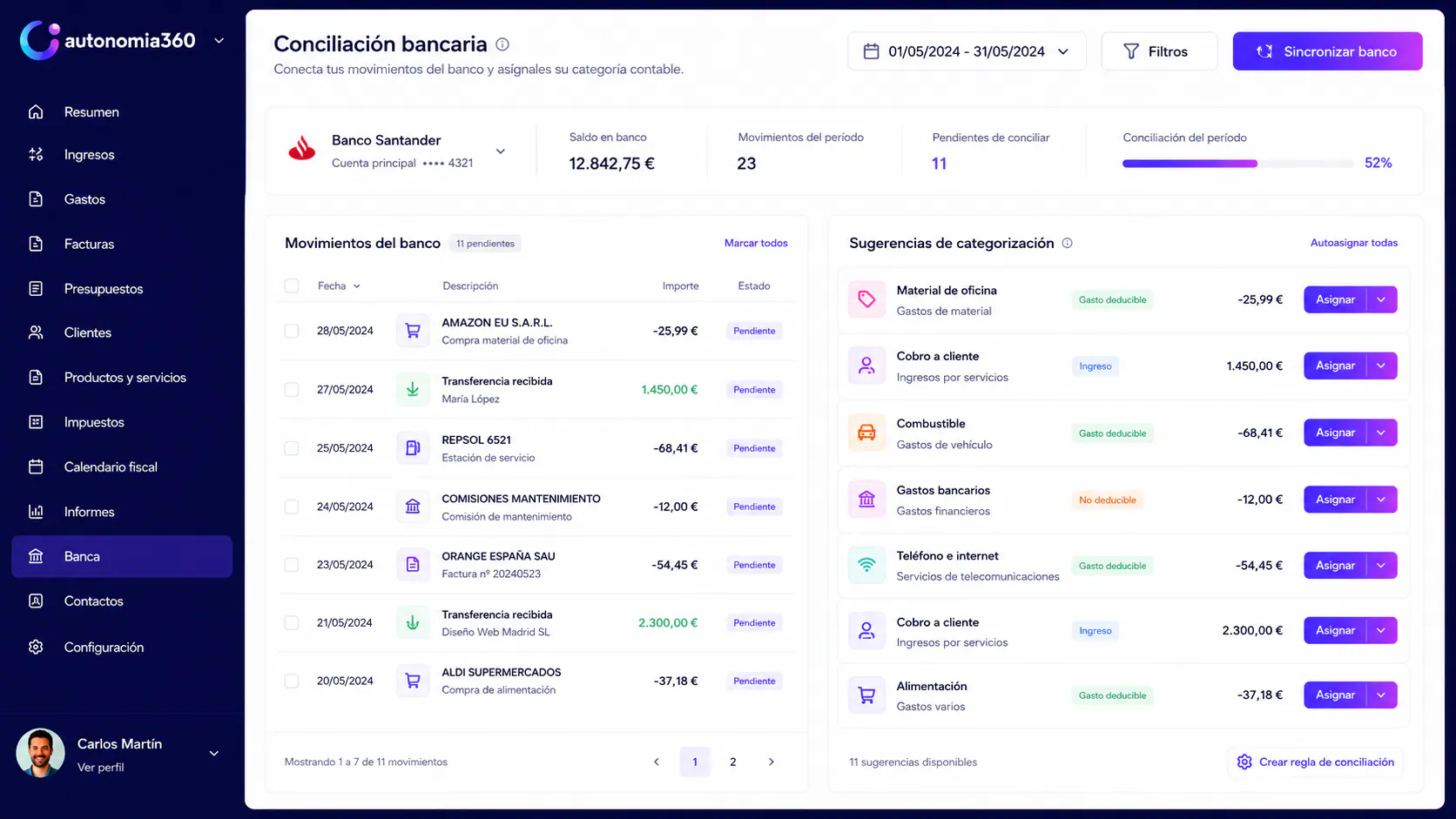 Conciliación bancaria en autonomia360 con categorización automática de movimientos