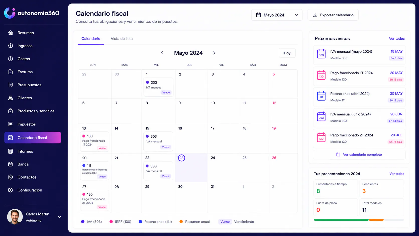 Calendario fiscal de autonomia360 con vencimientos y próximos avisos