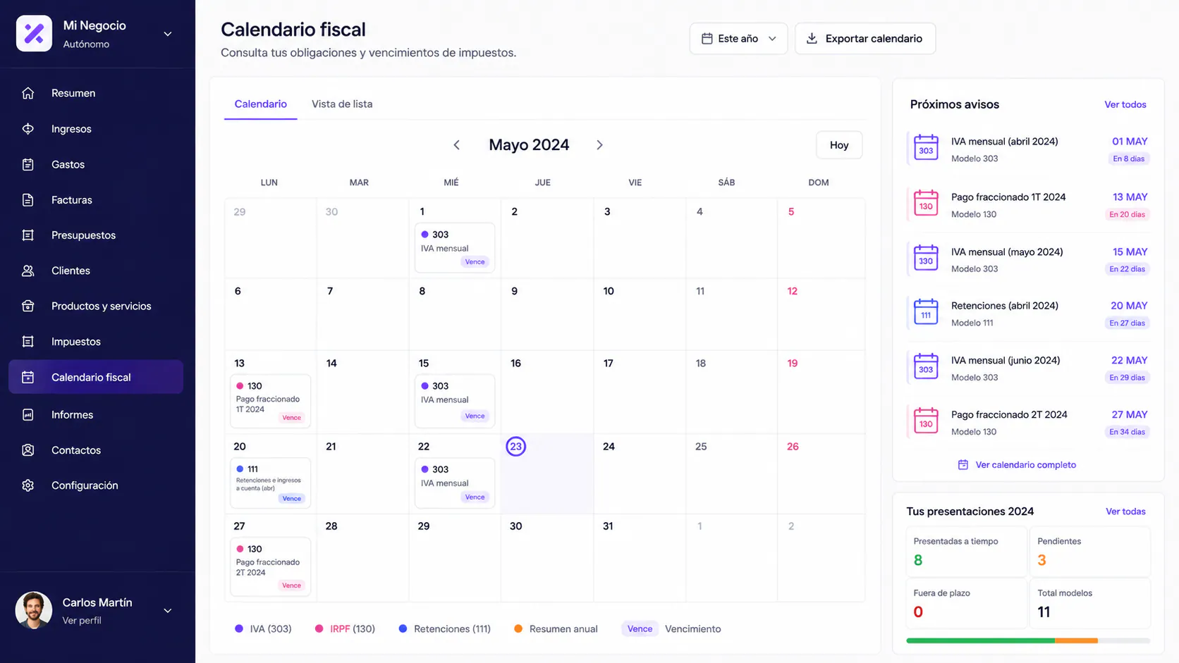 Calendario fiscal con los próximos vencimientos de modelos para autónomos